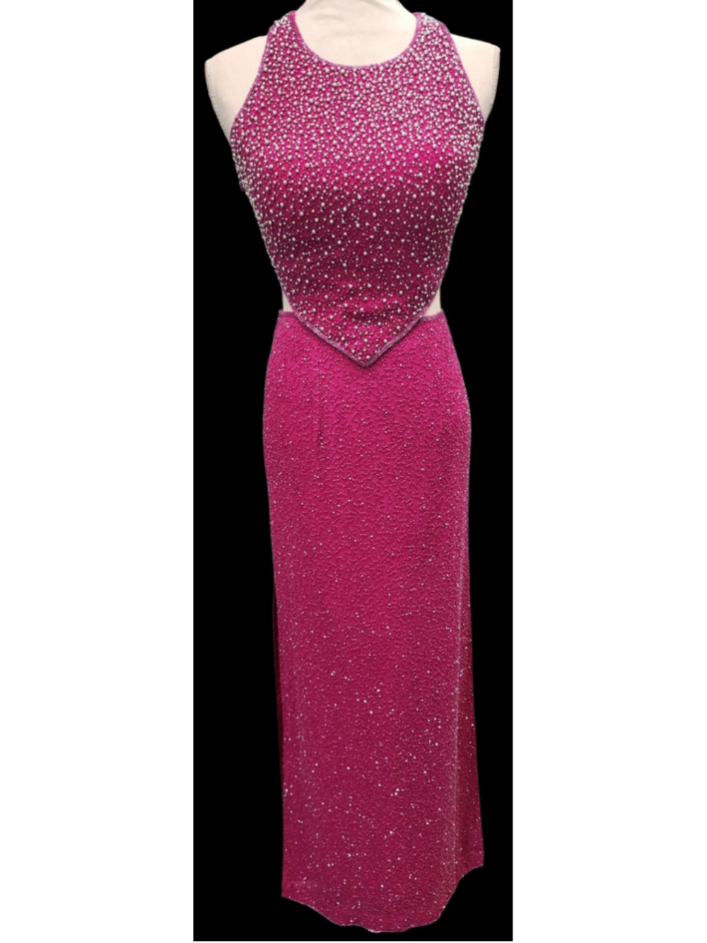 Vintage 90s Y2K Andretta Donatello Hot Pink Beaded Silk Halter Evening Gown XS